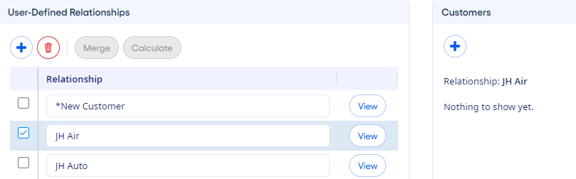 Relationship and Customer lists on the Manage Relationships page.