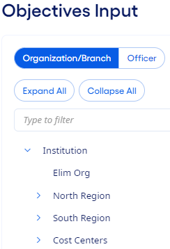 Objectives Input page with options Organization/Branch or Officer.