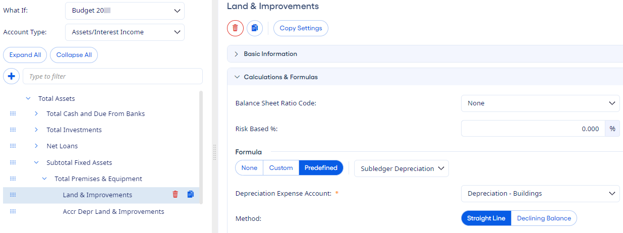 Chart of Accounts Fixed Assets Formula Options.