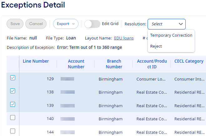 Monthly Update Process Exceptions Detail page.