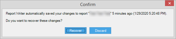 Report Writer Backup File Confirmation Window - Recover or Decline