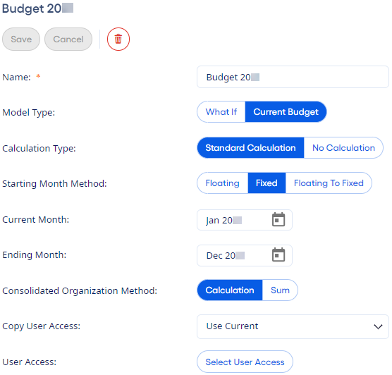 Creating a Budget What If Model field options.