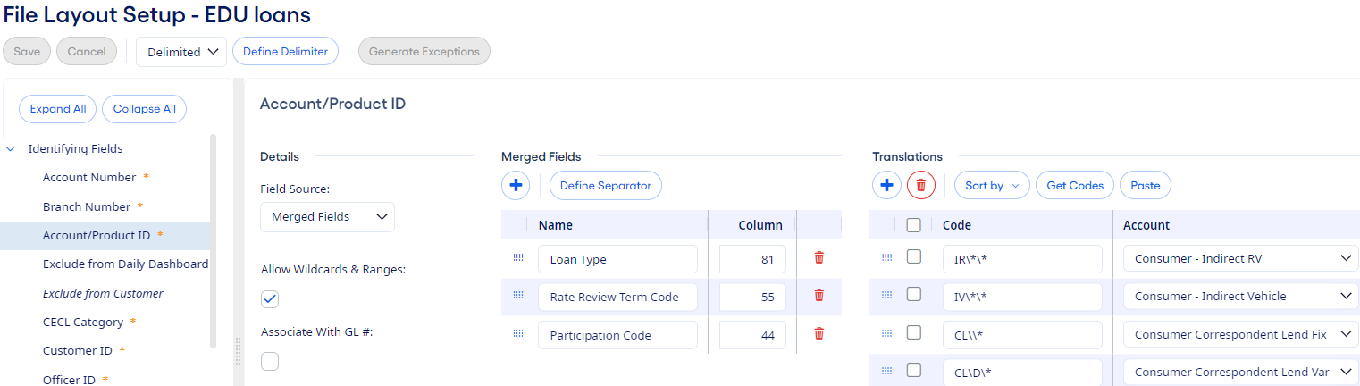 File Layout Setup page.