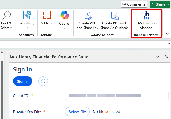 FPS Function Manager Excel add-in icon and panel.