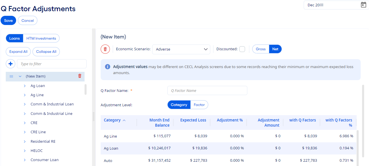 Q Factor Adjustments setup page.