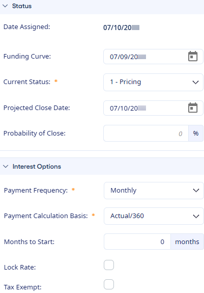 Pricing Opportunity Status and Interest Options.