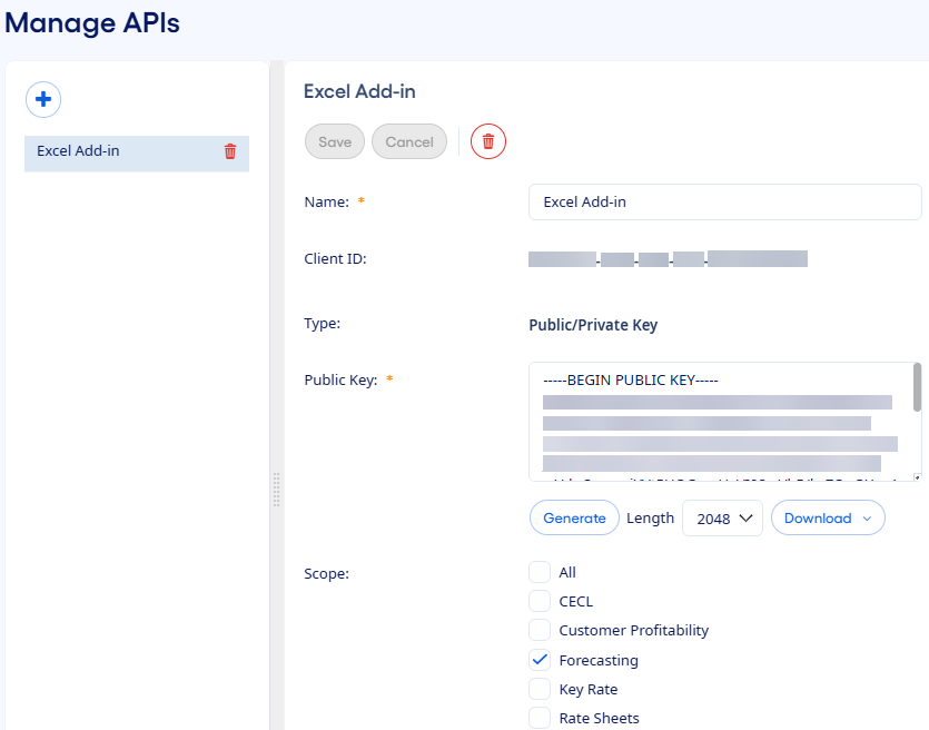 Manage APIs page set up for the FPS Function Manager Excel add-in.