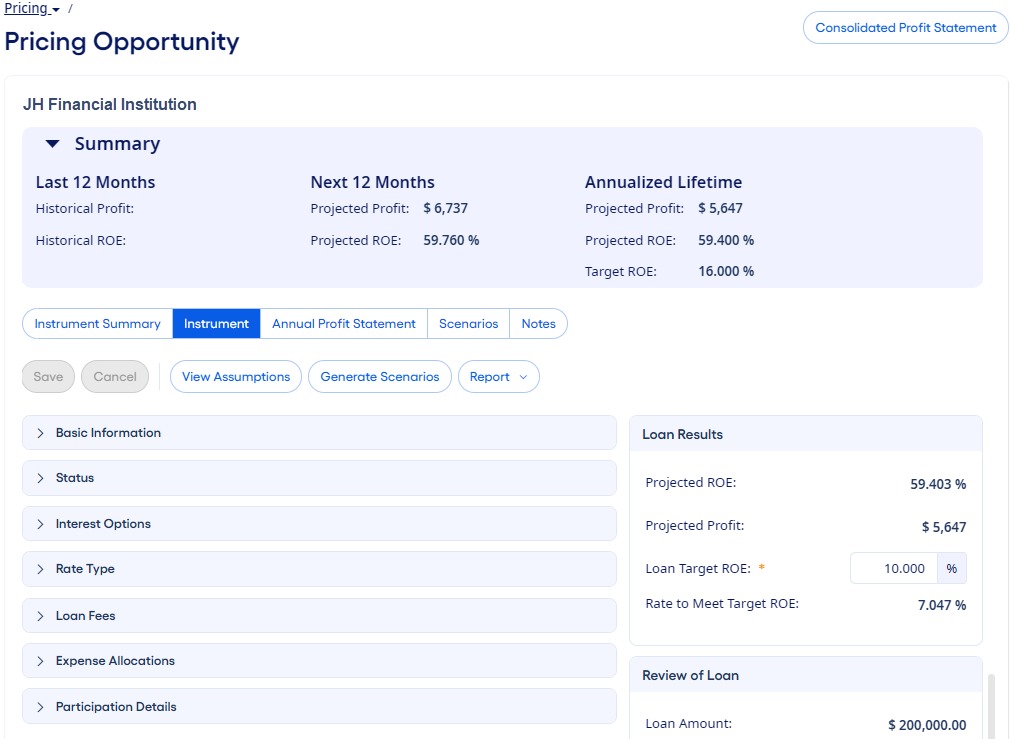 Pricing Opportunity loan details.