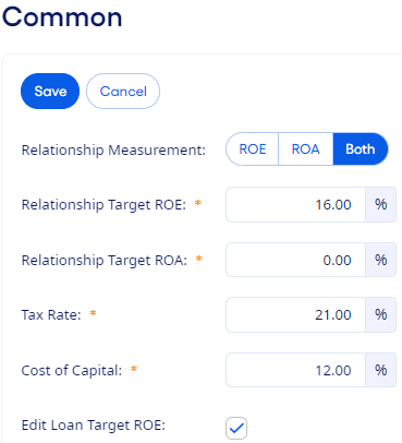 Common assumptions setup window.