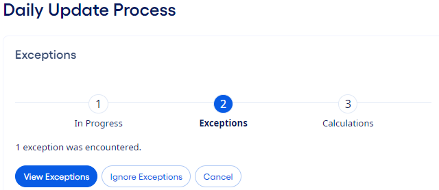 Daily Update Process exceptions encountered.