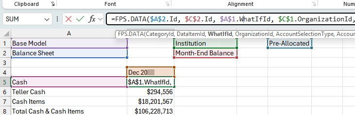 Excel Formula Bar with the helper toolbar showing the formula name in bold.