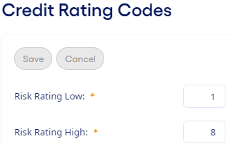 Credit Rating Codes page with Risk Rating Low and Risk Rating High fields.