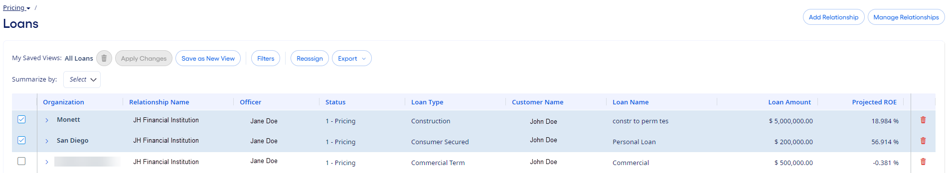 Pricing Loans page.