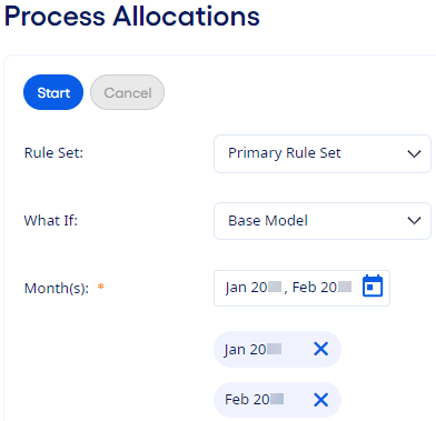 Process Allocations page with selected months.