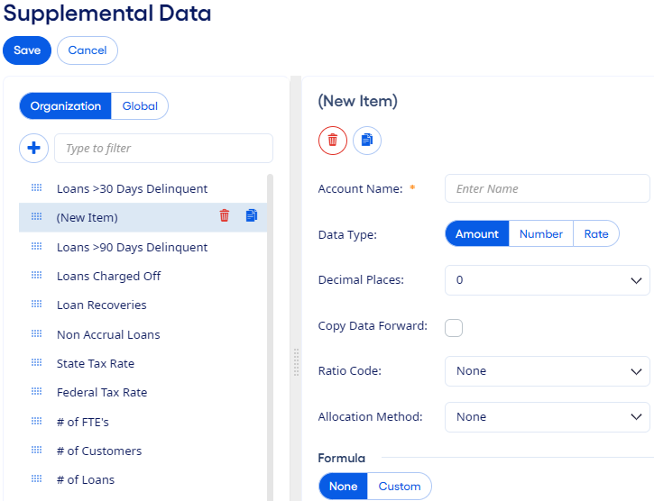 Adding a supplemental data account on the Supplemental Data page.