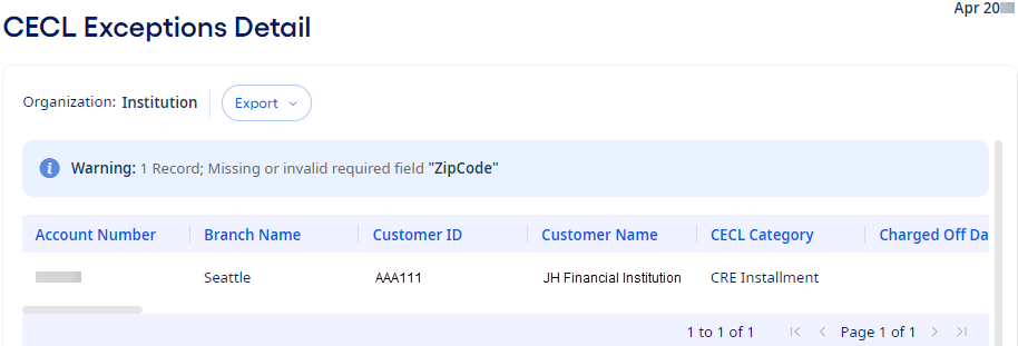 CECL Exceptions Detail page.