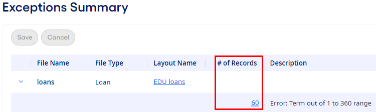 Exceptions Summary page # of Records link.