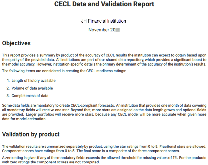 CECL Data and Validation Report example.