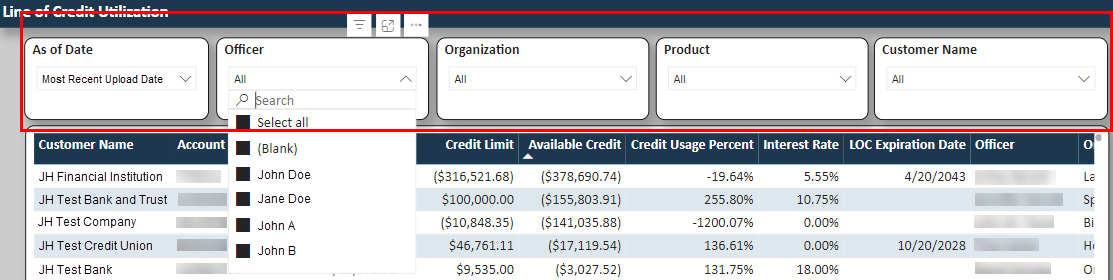 Dashboard report slicers.